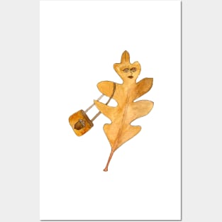 Fall Shopping Oak Leaf Lady with Purse | Watercolor Design Posters and Art